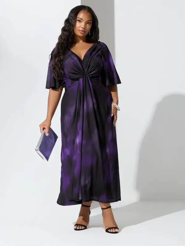 Yours Curve Purple London Knot Front Angel Sleeve Dress