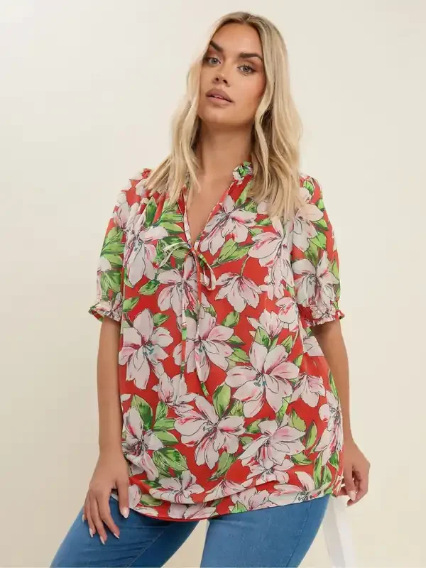 Yours Curve Red Frill Neck Lined Blouse