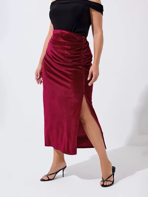 Yours Curve Red Limited Velvet Skirt