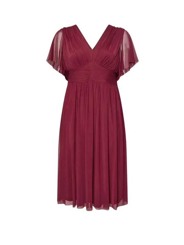 Yours Curve Red London Pleated Gathered V-Neck Dress