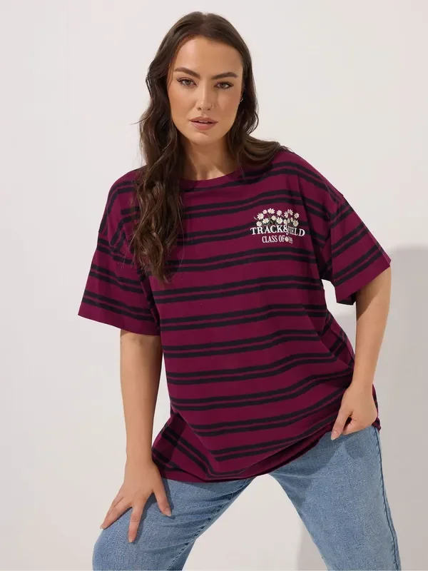 Yours Curve Red Stripe T-Shirt With Pocket