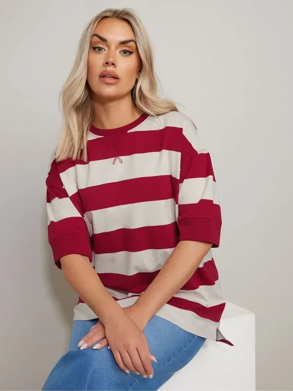 Yours Curve Red Striped Ribbed 100% Cotton T-Shirt