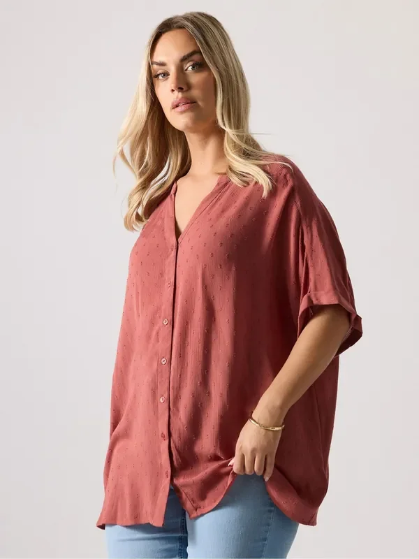 Yours Curve Red Swiss Dot Crinkle Notchneck Top