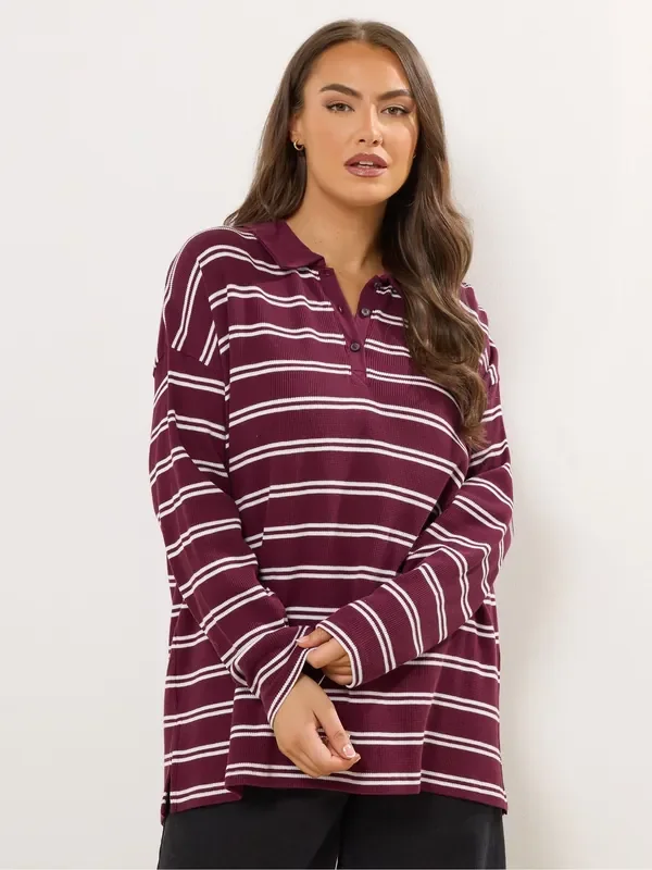 Yours Curve Red Waffle Button Rugby Top