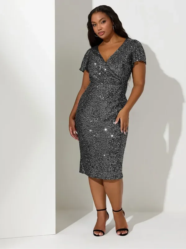 Yours Curve Silver London Sequin Embellished Wrap Dress