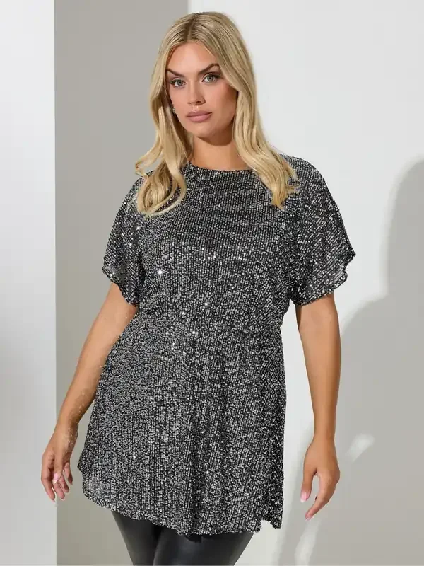 Yours Curve Silver London Sequin Peplum Top