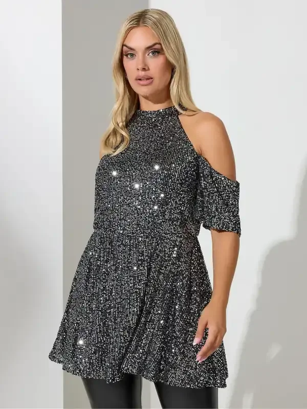 Yours Curve Silver Sequin Cold Shoulder Peplum Top