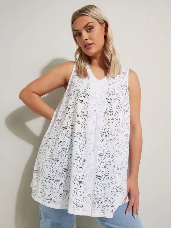 Yours Curve White Broderie Anglaise Vest