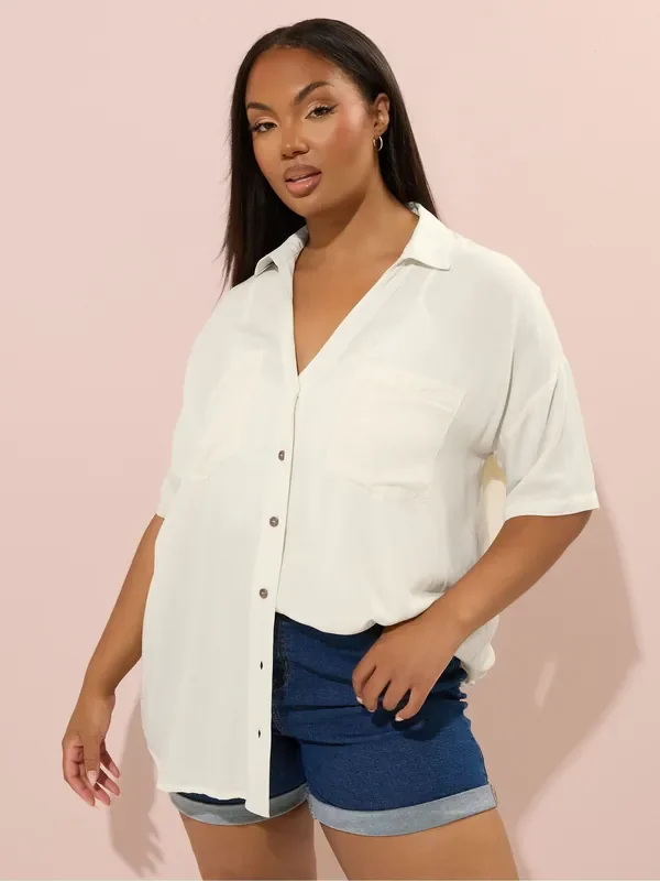 Yours Curve White Buttermilk Chambray Short Sleeve Shirt