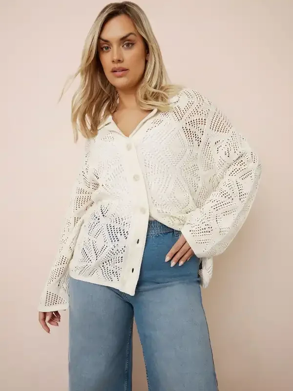 Yours Curve White Collar Crochet Cardigan
