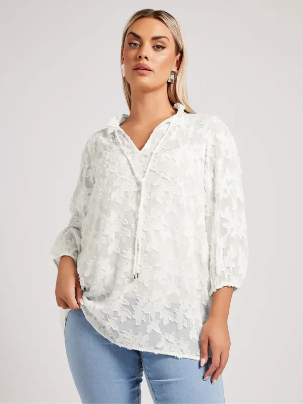 Yours Curve White London Burn Out Pie Crust Blouses