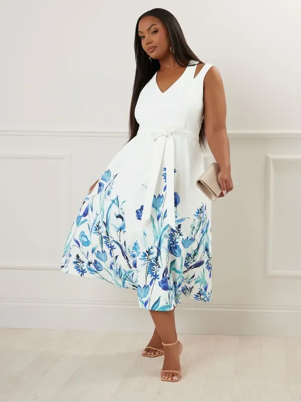 Yours Curve White London Floral Split Shirred Dress
