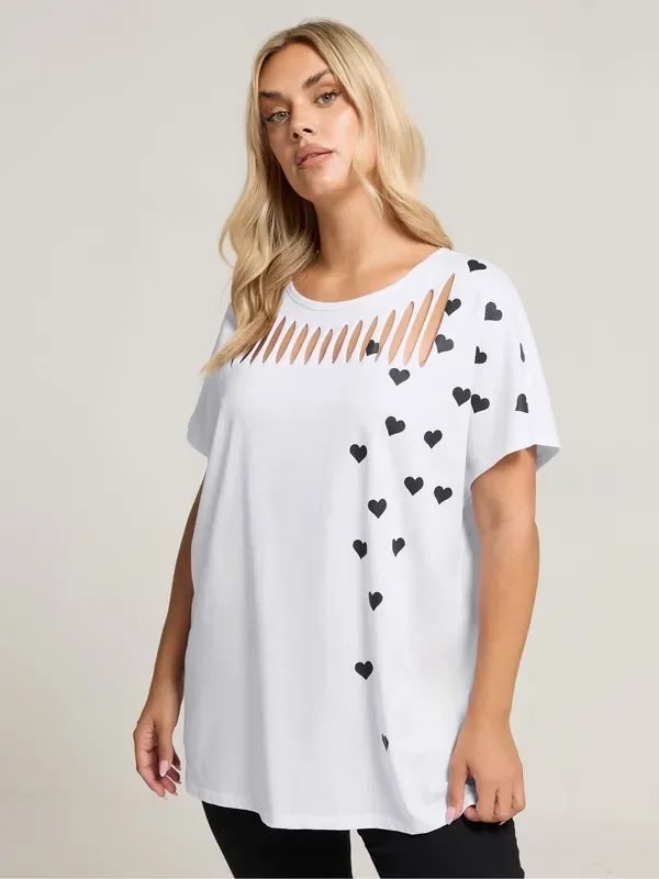Yours Curve White Printed Heart Slash Top
