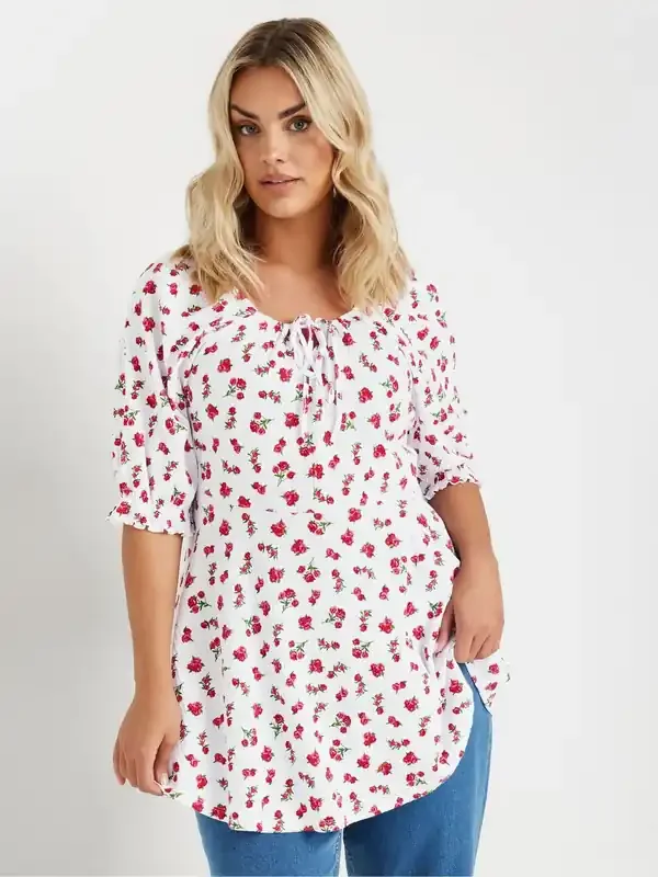 Yours Curve White Short Sleeve Milkmaid Textured Floral Print Blouse