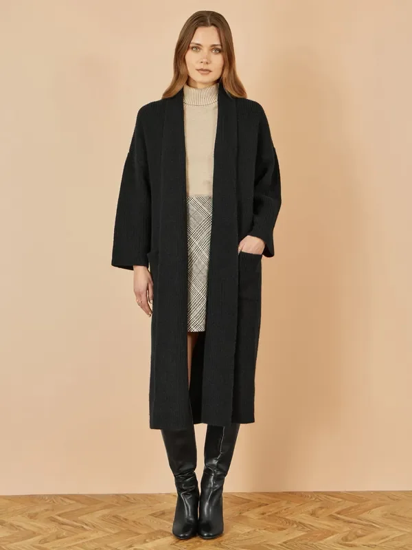Yumi Black Knitted Maxi Cardigan With Pockets