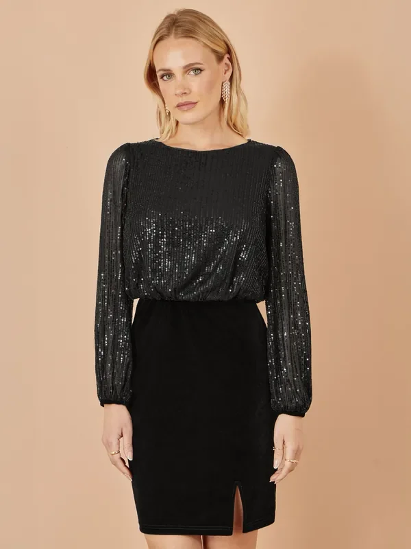 Yumi Black Sequin And Velvet Mini Dress
