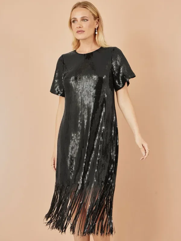 Yumi Black Sequin Tassels Hem Midi Tunic Dress