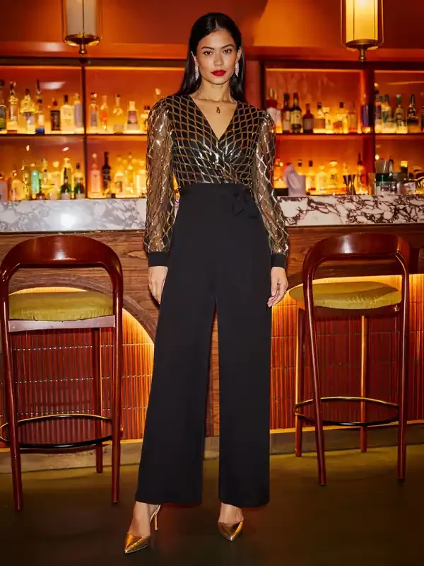 Yumi Black Sequin Wrap Over Jumpsuit
