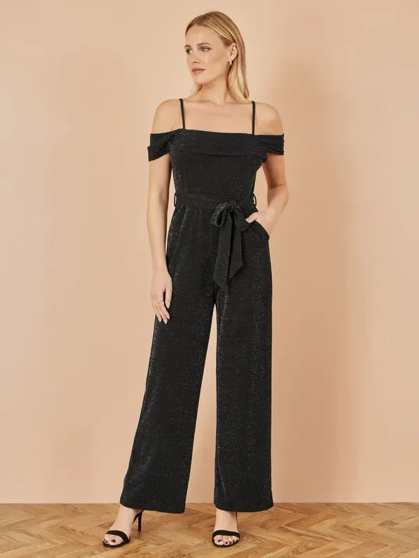 Yumi Black Sparkle Stretch Bardot Jumpsuit