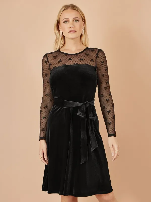 Yumi Black Velvet Skater Dress With Mesh Bow Sleeves