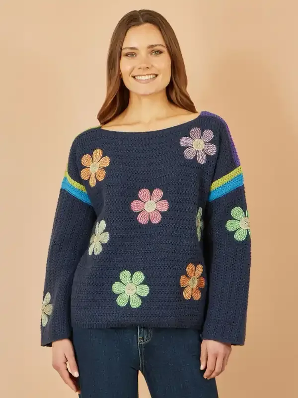 Yumi Blue Crochet Flower Print Jumper