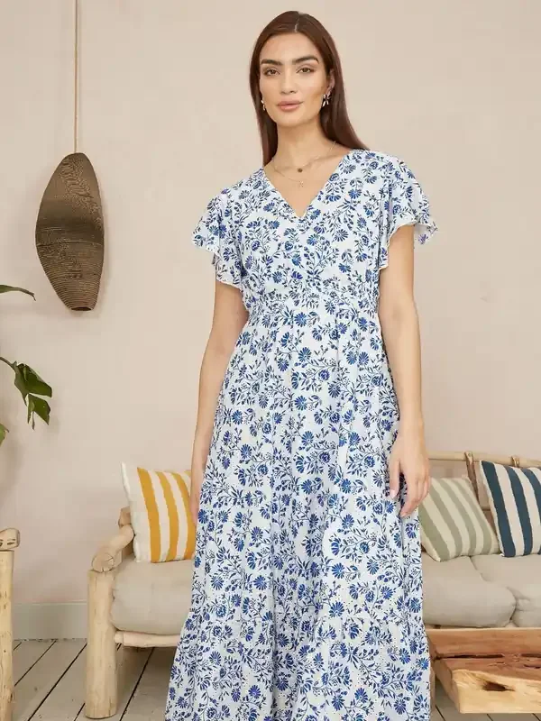 Yumi Blue Floral Printed Broderie Anglaise Ruched Waist Midi 100% Cotton Dress