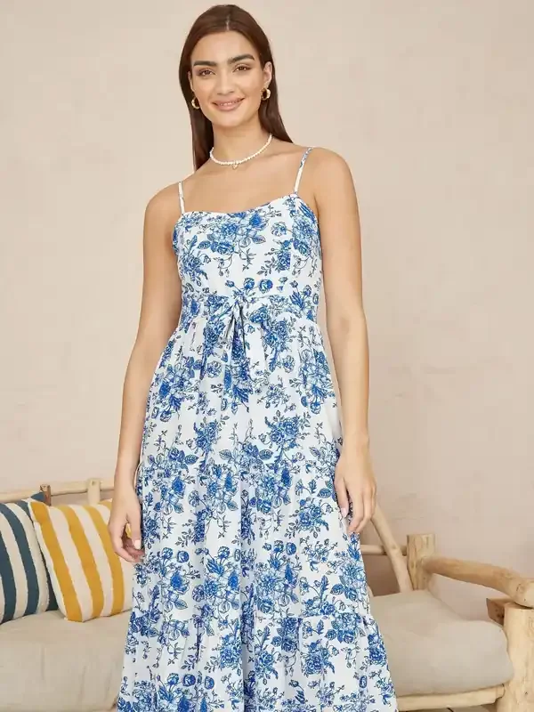 Yumi Blue Floral Strappy Midi Dress With Front Tie