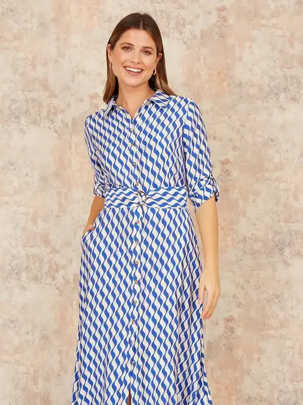 Yumi Blue Geo Swirl Print Midi Shirt Dress