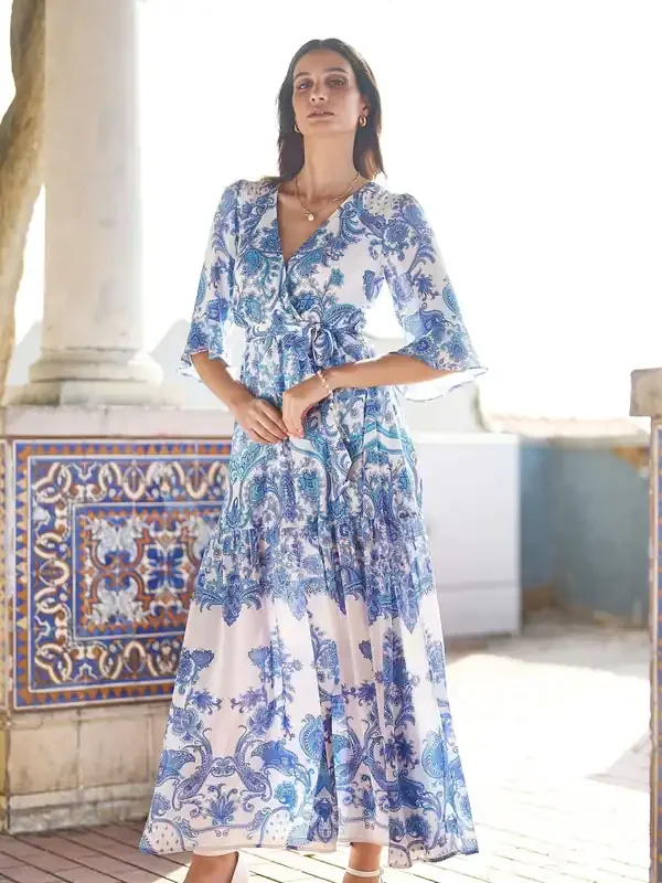Yumi Blue Paisley Wrap Midi Dress With 3/4 Sleeves