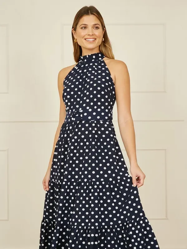 Yumi Blue Spot Print Halter Midi Dress With Matching Belt