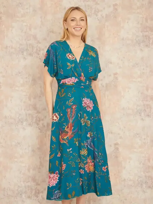 Yumi Blue Viscose Bird and Floral Print Kimono Midi Dress