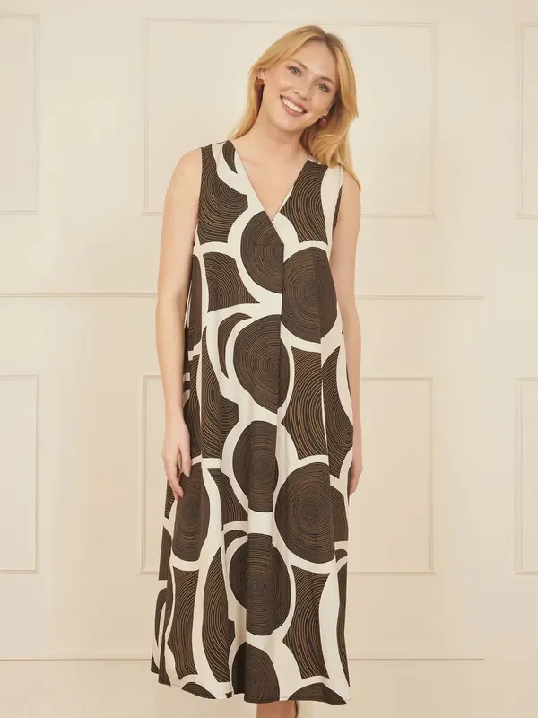 Yumi Brown 100% Cotton Abstract Circle Trapeze Relaxed Midi Dress