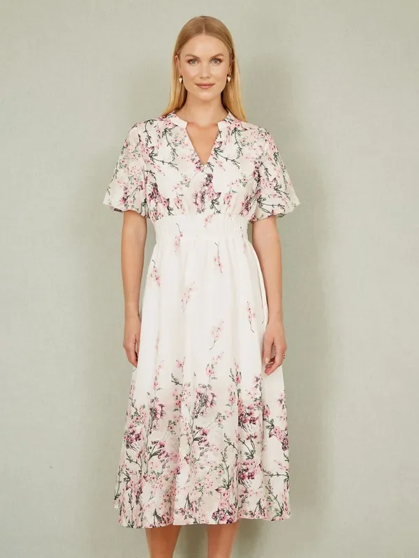 Yumi Cream Mirrored Floral Button Up Midi Dress With Ruched Waist