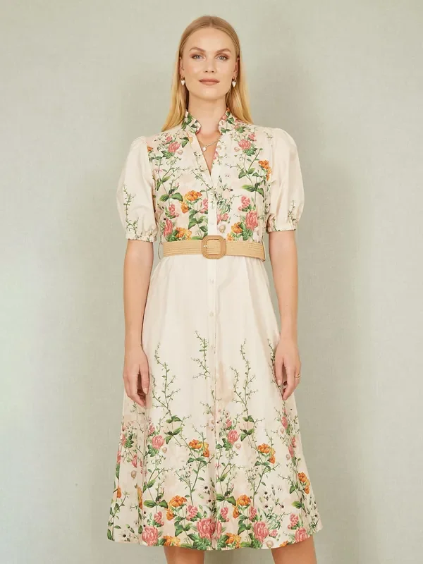 Yumi Cream Printed Midi Floral Print Placement 100% Cotton Shirt Dress