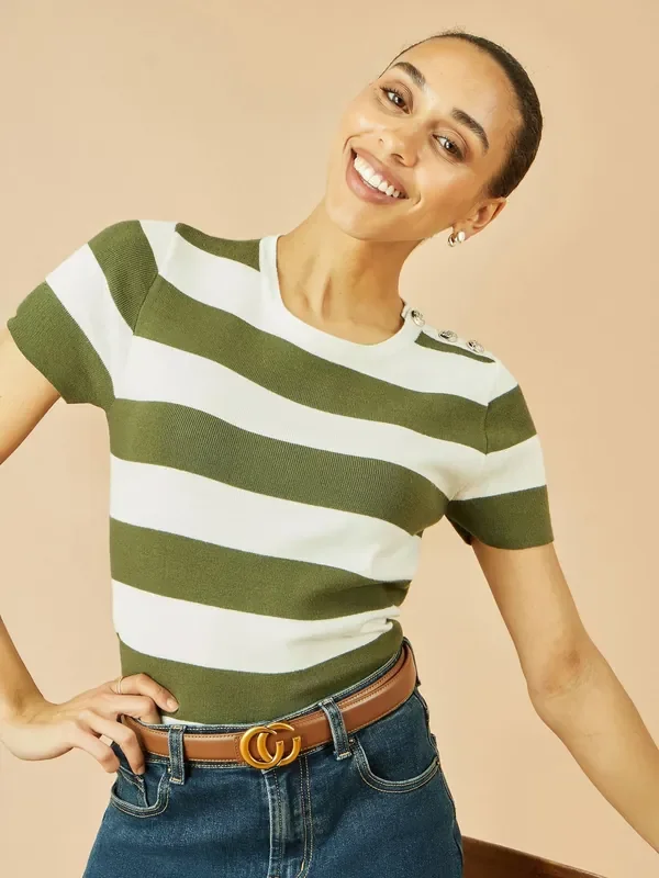 Yumi Green Block Stripe Knitted Top With Button Details