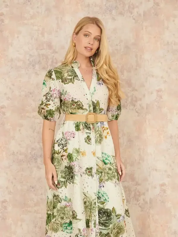 Yumi Green Broderie Anglaise Midi 100% Cotton Shirt Dress