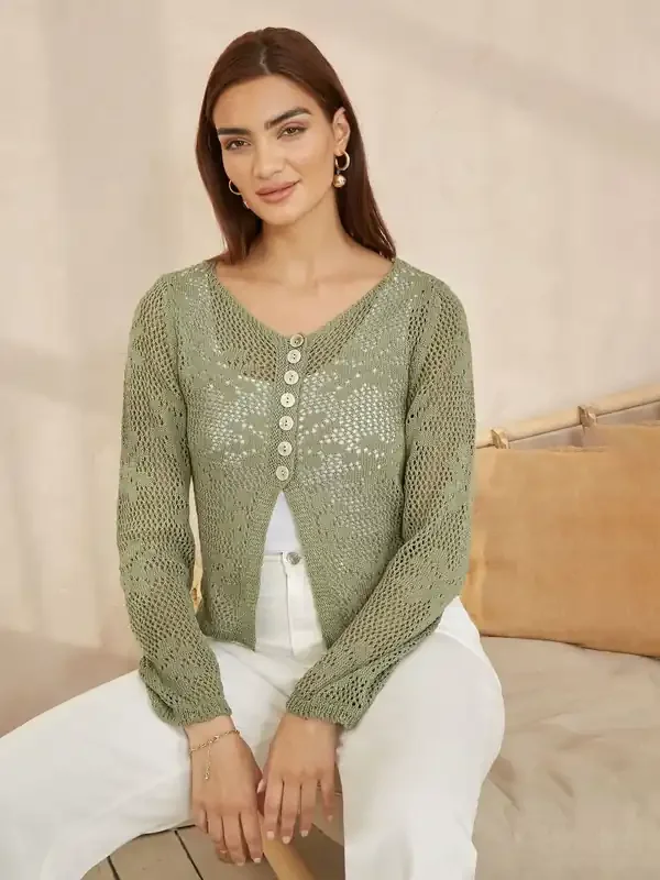 Yumi Green Flower Crochet Button Up 100% Cotton Cardigan