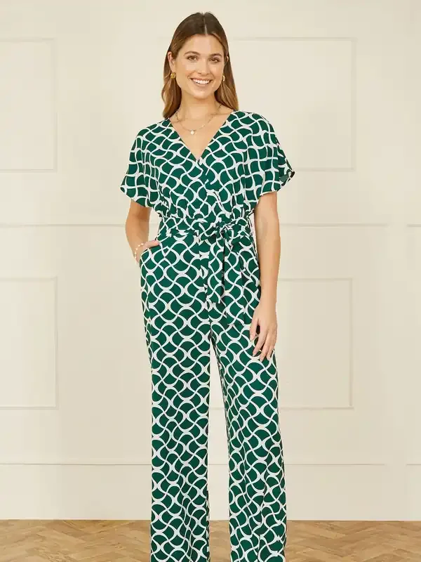 Yumi Green Geometric Print Wrap Jumpsuit