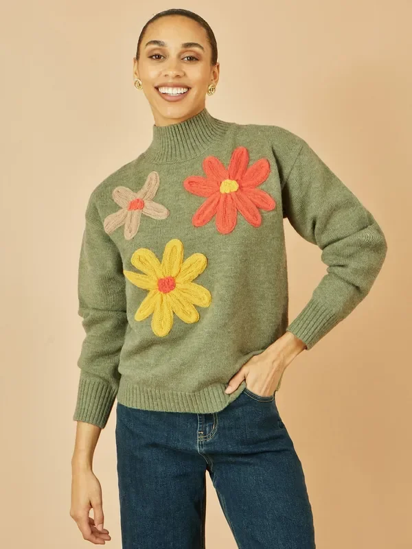 Yumi Green Knitted High Neck Jumper With Appliqué Flowers
