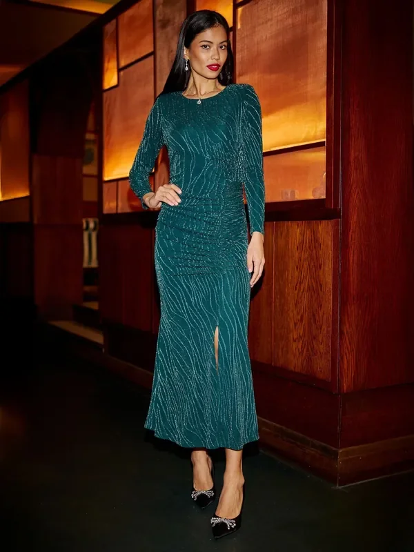 Yumi Green Mesh Fitted Ruched Midi Dress With Long Sleeves