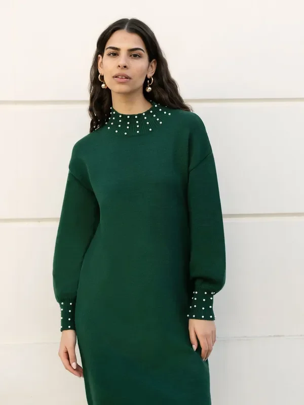 Yumi Green Pearl Detail Knitted Relaxed Jumper Dress