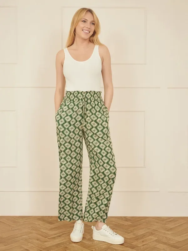 Yumi Green Relaxed Fit Geo Print Trousers