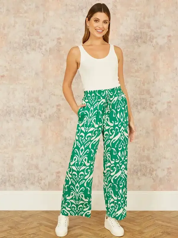 Yumi Green Relaxed Fit Ikat Print Trousers
