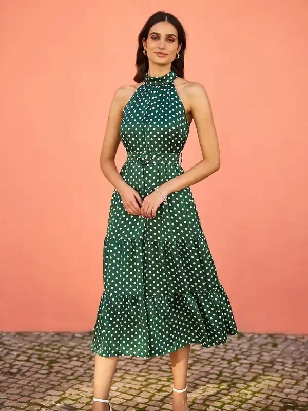 Yumi Green Spot Print Halter Midi Dress With Matching Belt