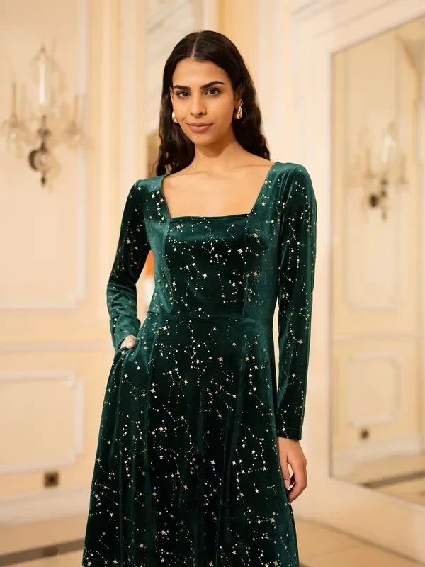 Yumi Green Star Foil Print Long Sleeve Skater Dress