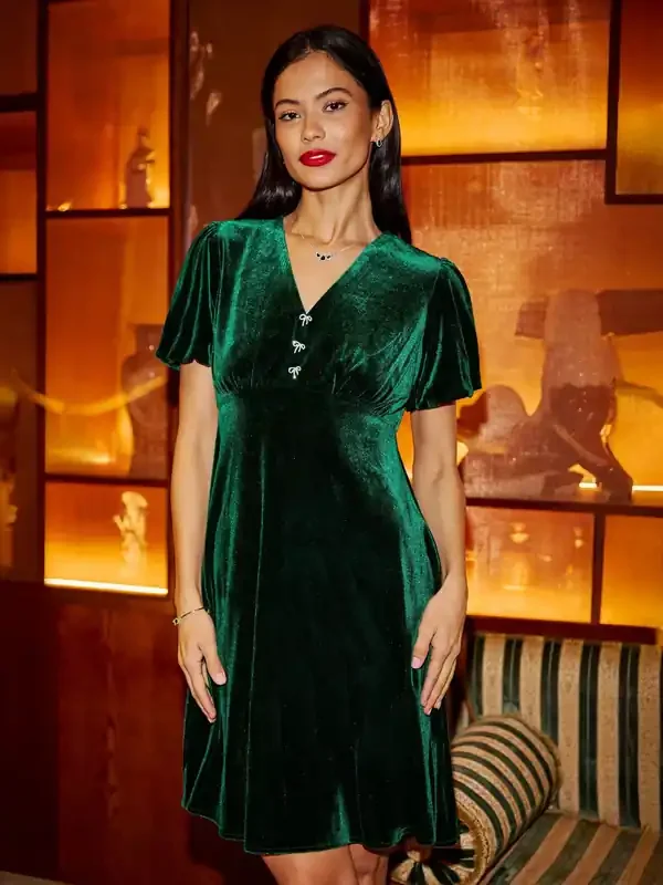 Yumi Green Velvet Skater Dress With Dimante Bow Detail