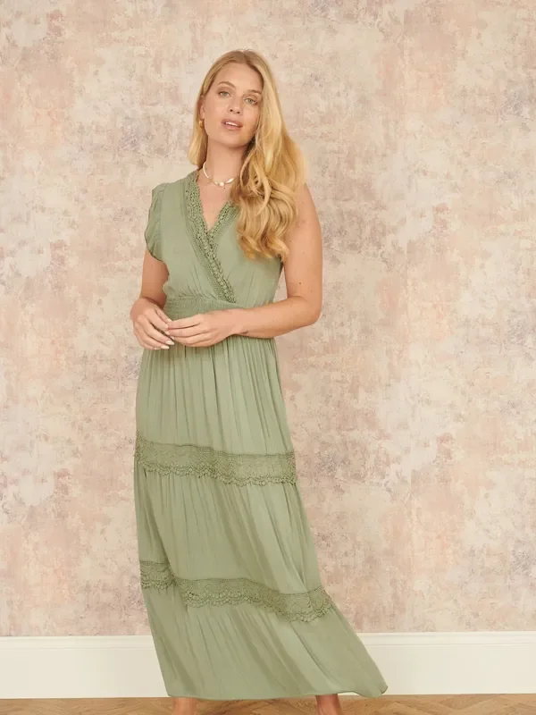 Yumi Green Viscose Lace Trim Wrap Maxi Dress