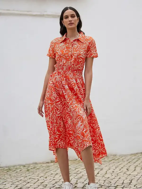 Yumi Orange Leaf Print Dip Hem Midi Shirt Dress