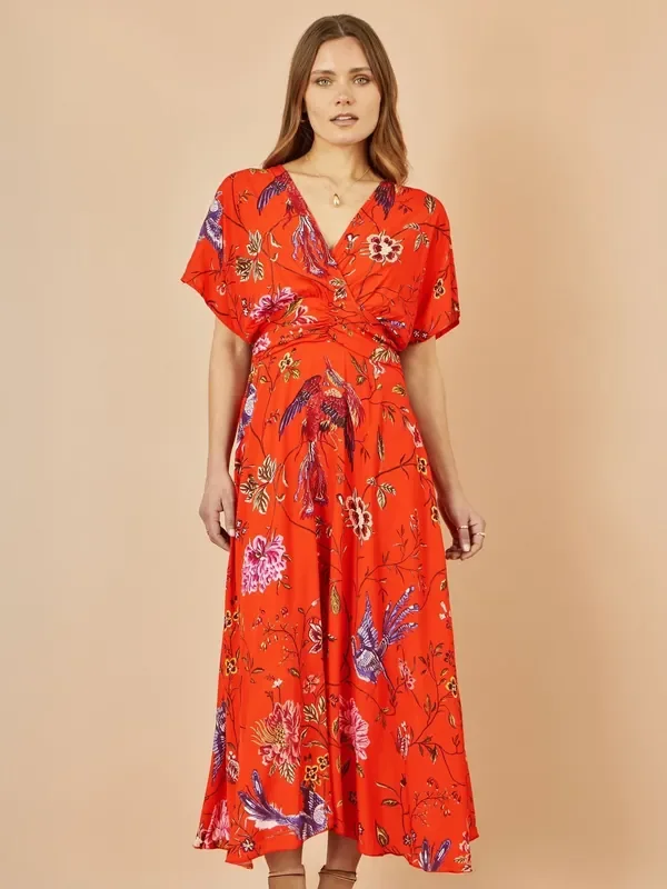 Yumi Orange Viscose Bird and Floral Print Kimono Midi Dress