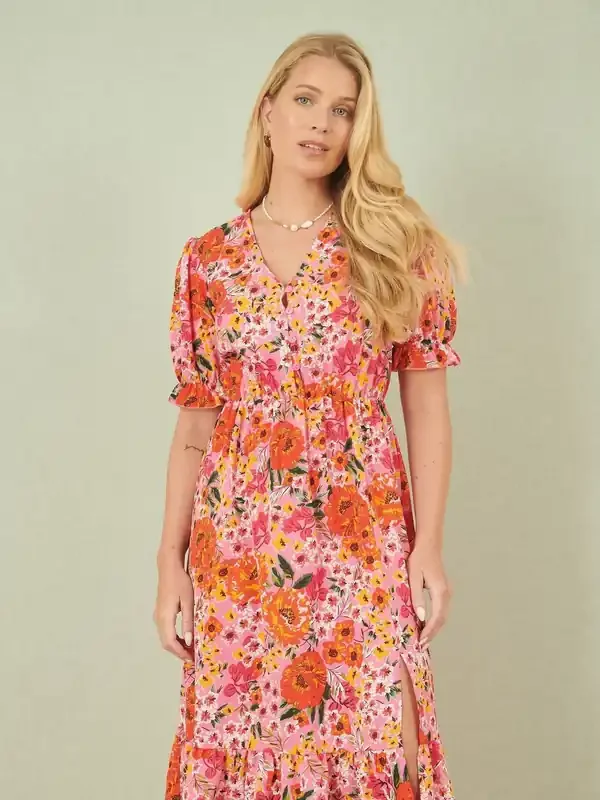 Yumi Pink Floral Midi Dress With Frill Hem and Puff Sleeves